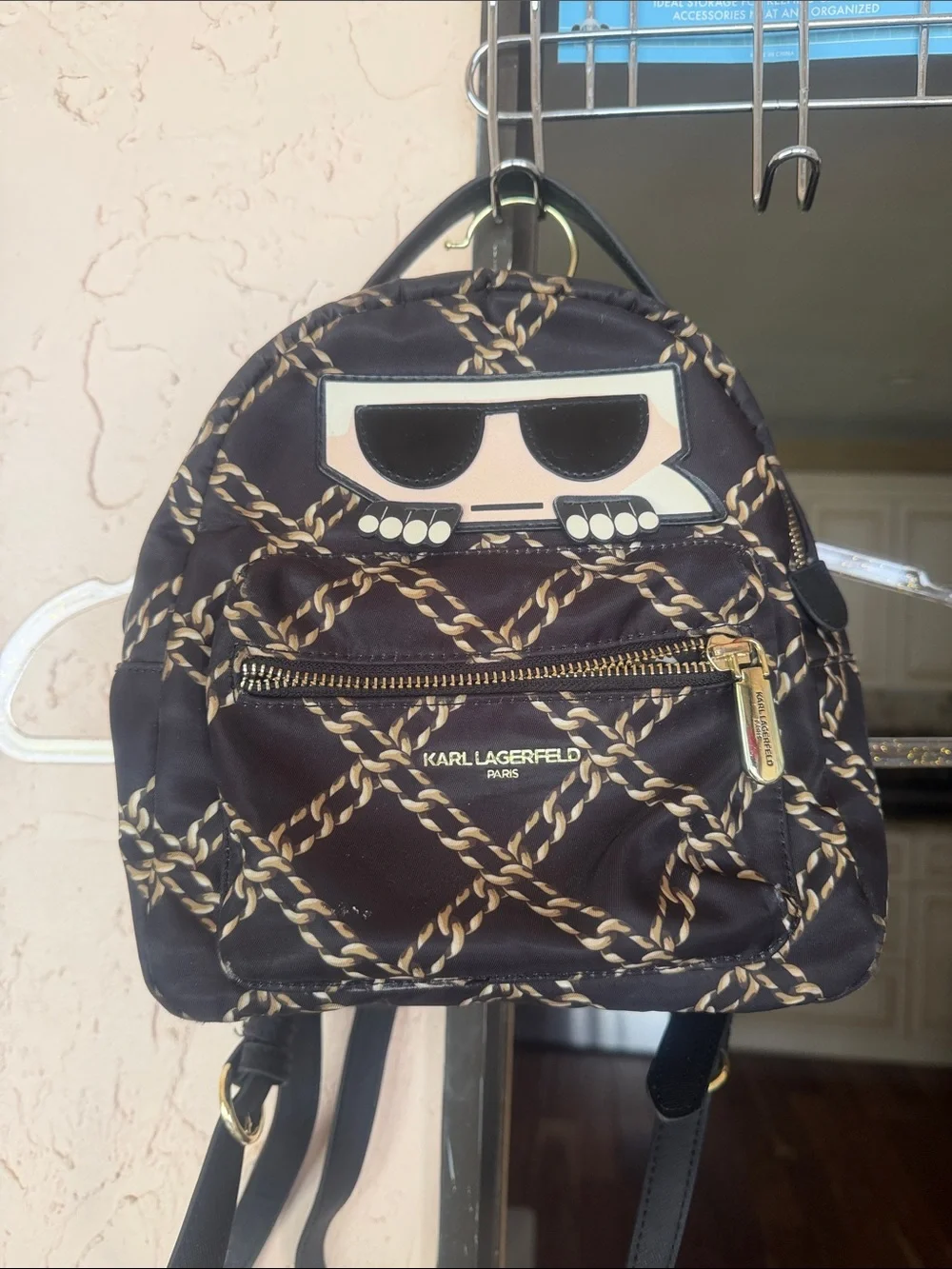 Karl Lagerfeld Black & Gold Chain-Print Mini Backpack with Graphic Face